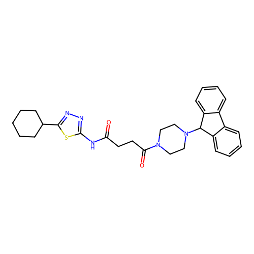 4-(4-(9H-fluoren-9-yl)piperazin-1-yl)-N-(5-cyclohexyl-1,3,4-thiadiazol-2-yl)-4-oxobutanamide structure