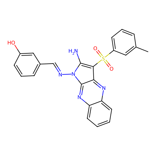 3-[(E)-[2-amino-3-(3-methylphenyl)sulfonylpyrrolo[3,2-b]quinoxalin-1-yl]iminomethyl]phenol structure