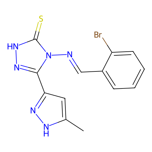 (E)-4-((2-bromobenzylidene)amino)-5-(3-methyl-1H-pyrazol-5-yl)-4H-1,2,4-triazole-3-thiol structure