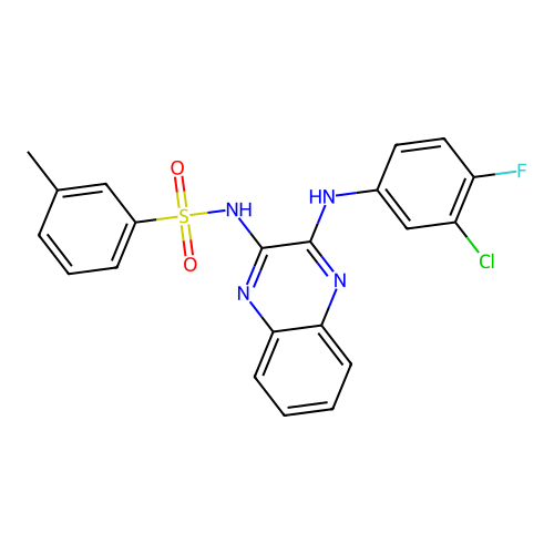 N-(3-((3-chloro-4-fluorophenyl)amino)quinoxalin-2-yl)-3-methylbenzenesulfonamide structure