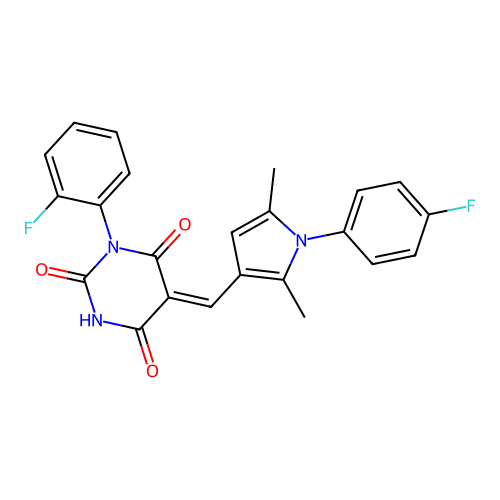 (5Z)-1-(2-fluorophenyl)-5-[[1-(4-fluorophenyl)-2,5-dimethylpyrrol-3-yl]methylidene]-1,3-diazinane-2,4,6-trione structure