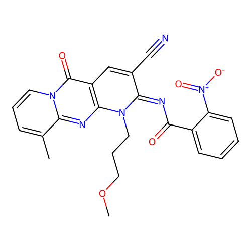 (E)-N-(3-cyano-1-(3-methoxypropyl)-10-methyl-5-oxo-1H-dipyrido[1,2-a:2',3'-d]pyrimidin-2(5H)-ylidene)-2-nitrobenzamide structure