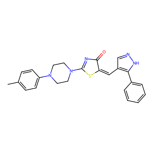 (5E)-2-[4-(4-methylphenyl)piperazin-1-yl]-5-[(5-phenyl-1H-pyrazol-4-yl)methylidene]-1,3-thiazol-4(5H)-one structure