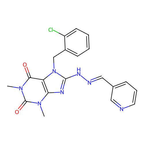 (8E)-7-(2-chlorobenzyl)-1,3-dimethyl-8-[(2E)-(pyridin-3-ylmethylidene)hydrazinylidene]-3,7,8,9-tetrahydro-1H-purine-2,6-dione structure