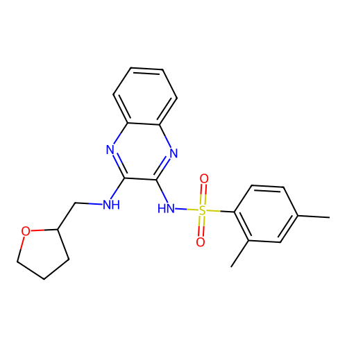 2,4-dimethyl-N-(3-(((tetrahydrofuran-2-yl)methyl)amino)quinoxalin-2-yl)benzenesulfonamide structure