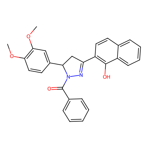 2-[1-benzoyl-5-(3,4-dimethoxyphenyl)pyrazolidin-3-ylidene]naphthalen-1-one structure