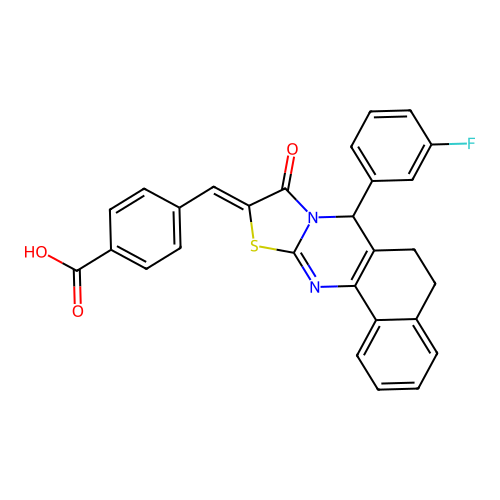 4-{(Z)-[7-(3-fluorophenyl)-9-oxo-5,7-dihydro-6H-benzo[h][1,3]thiazolo[2,3-b]quinazolin-10(9H)-ylidene]methyl}benzoic acid structure