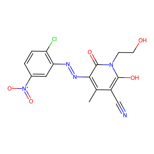 (5E)-5-[(2-chloro-5-nitrophenyl)hydrazinylidene]-1-(2-hydroxyethyl)-4-methyl-2,6-dioxopyridine-3-carbonitrile structure