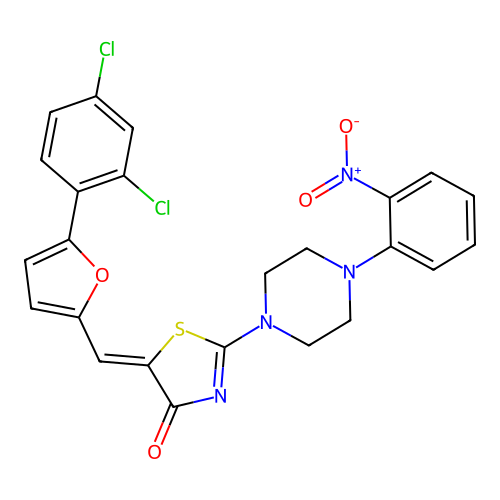 (5Z)-5-[[5-(2,4-dichlorophenyl)furan-2-yl]methylidene]-2-[4-(2-nitrophenyl)piperazin-1-yl]-1,3-thiazol-4-one structure