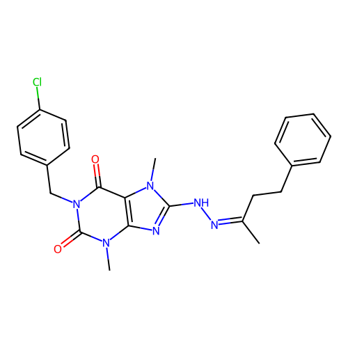 (Z)-1-(4-chlorobenzyl)-3,7-dimethyl-8-(2-(4-phenylbutan-2-ylidene)hydrazinyl)-1H-purine-2,6(3H,7H)-dione structure