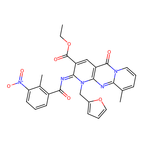 (Z)-ethyl 1-(furan-2-ylmethyl)-10-methyl-2-((2-methyl-3-nitrobenzoyl)imino)-5-oxo-2,5-dihydro-1H-dipyrido[1,2-a:2',3'-d]pyrimidine-3-carboxylate structure