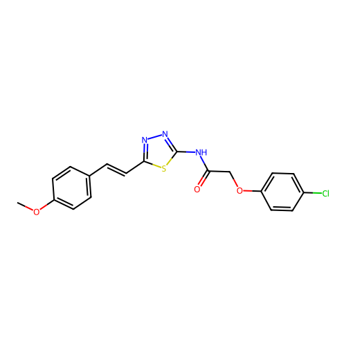 (E)-2-(4-chlorophenoxy)-N-(5-(4-methoxystyryl)-1,3,4-thiadiazol-2-yl)acetamide structure
