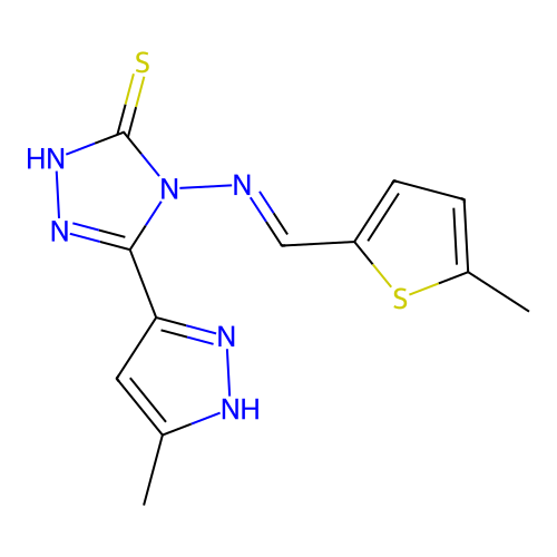 5-(5-Methyl-2H-pyrazol-3-yl)-4-{[1-(5-methyl-thiophen-2-yl)-meth-(E)-ylidene]-amino}-4H-[1,2,4]triazole-3-thiol structure