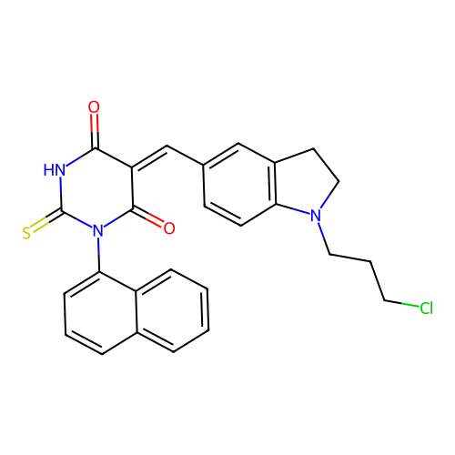 (5Z)-5-[[1-(3-chloropropyl)-2,3-dihydroindol-5-yl]methylidene]-1-naphthalen-1-yl-2-sulfanylidene-1,3-diazinane-4,6-dione structure