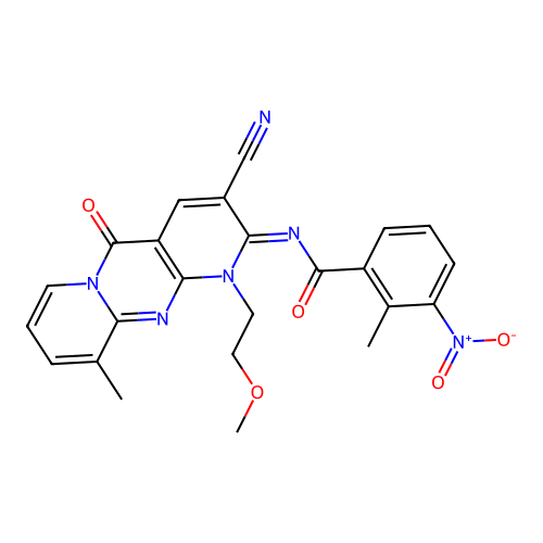 (E)-N-(3-cyano-1-(2-methoxyethyl)-10-methyl-5-oxo-1H-dipyrido[1,2-a:2',3'-d]pyrimidin-2(5H)-ylidene)-2-methyl-3-nitrobenzamide structure