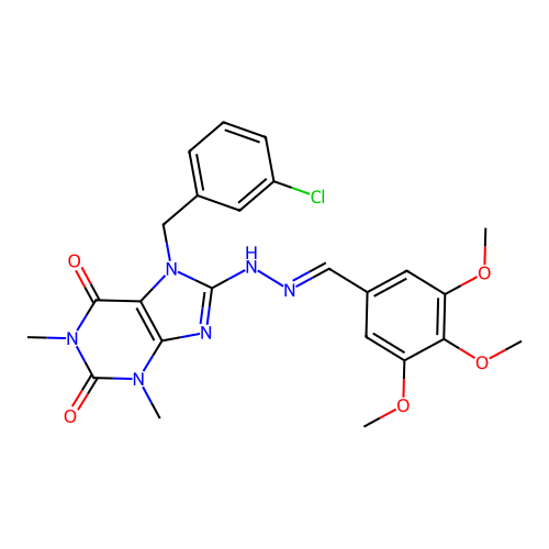 (E)-7-(3-chlorobenzyl)-1,3-dimethyl-8-(2-(3,4,5-trimethoxybenzylidene)hydrazinyl)-1H-purine-2,6(3H,7H)-dione structure