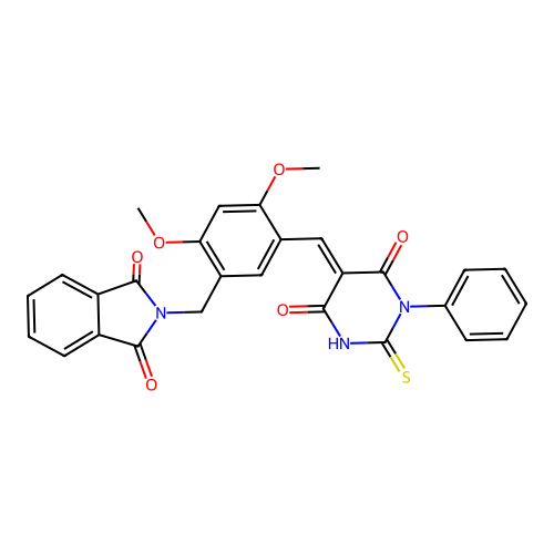 (E)-2-(5-((4,6-dioxo-1-phenyl-2-thioxotetrahydropyrimidin-5(2H)-ylidene)methyl)-2,4-dimethoxybenzyl)isoindoline-1,3-dione structure