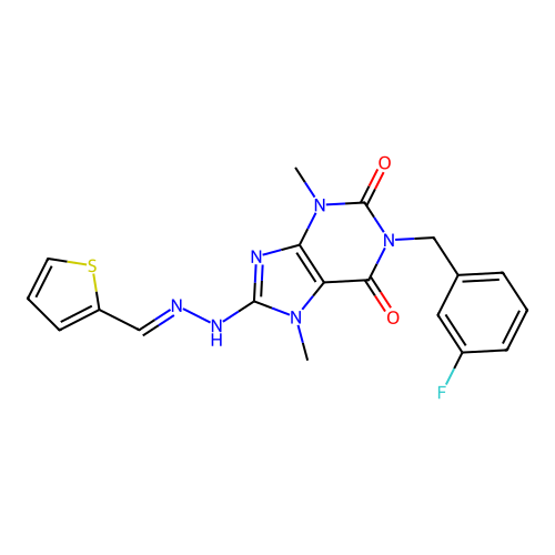 (E)-1-(3-fluorobenzyl)-3,7-dimethyl-8-(2-(thiophen-2-ylmethylene)hydrazinyl)-1H-purine-2,6(3H,7H)-dione structure