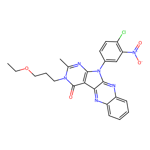 11-(4-chloro-3-nitrophenyl)-3-(3-ethoxypropyl)-2-methyl-3,11-dihydro-4H-pyrimido[5',4':4,5]pyrrolo[2,3-b]quinoxalin-4-one structure