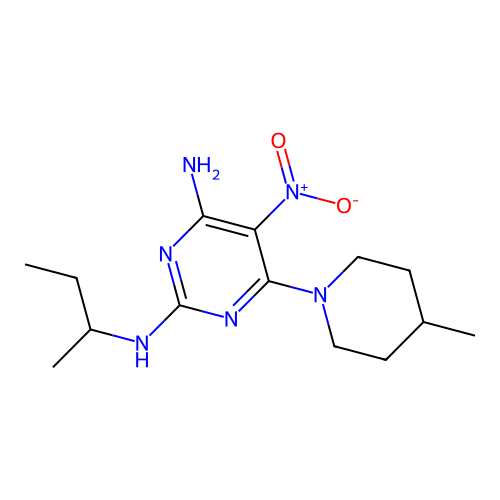 N2-(sec-butyl)-6-(4-methylpiperidin-1-yl)-5-nitropyrimidine-2,4-diamine structure