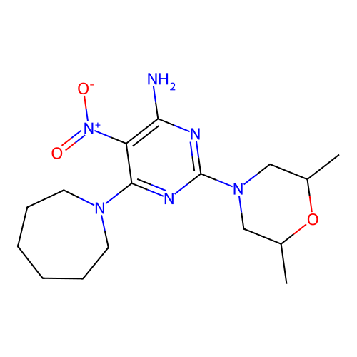 6-(Azepan-1-yl)-2-(2,6-dimethylmorpholin-4-yl)-5-nitropyrimidin-4-amine structure