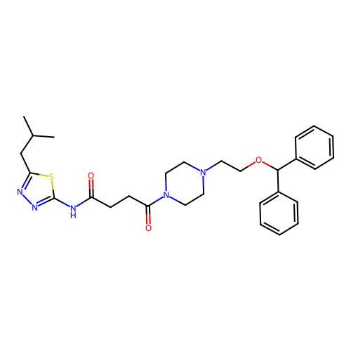 4-(4-(2-(benzhydryloxy)ethyl)piperazin-1-yl)-N-(5-isobutyl-1,3,4-thiadiazol-2-yl)-4-oxobutanamide structure