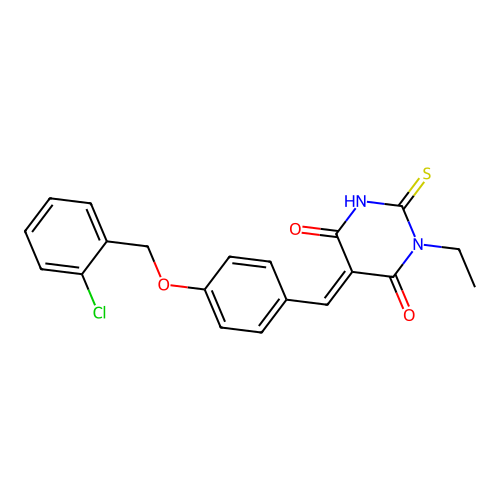 (5E)-5-[[4-[(2-chlorophenyl)methoxy]phenyl]methylidene]-1-ethyl-2-sulfanylidene-1,3-diazinane-4,6-dione structure