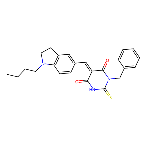 (5E)-1-benzyl-5-[(1-butyl-2,3-dihydro-1H-indol-5-yl)methylidene]-2-sulfanylpyrimidine-4,6(1H,5H)-dione structure