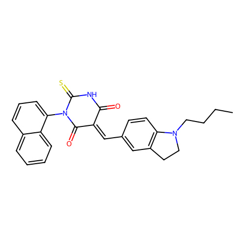 (5E)-5-[(1-butyl-2,3-dihydro-1H-indol-5-yl)methylidene]-1-(naphthalen-1-yl)-2-sulfanylpyrimidine-4,6(1H,5H)-dione structure