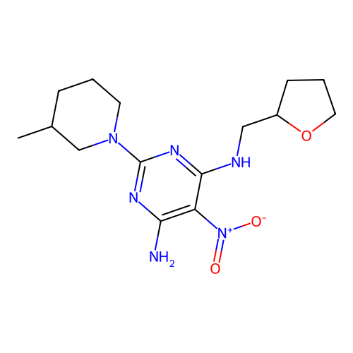 2-(3-methylpiperidin-1-yl)-5-nitro-4-N-(oxolan-2-ylmethyl)pyrimidine-4,6-diamine structure