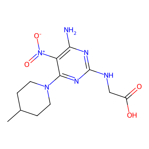 N-[4-amino-6-(4-methylpiperidin-1-yl)-5-nitropyrimidin-2-yl]glycine structure