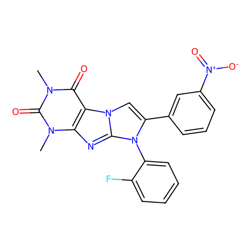 8-(2-fluorophenyl)-1,3-dimethyl-7-(3-nitrophenyl)-1H-imidazo[2,1-f]purine-2,4(3H,8H)-dione structure