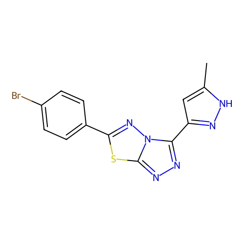 6-(4-bromophenyl)-3-(3-methyl-1H-pyrazol-5-yl)[1,2,4]triazolo[3,4-b][1,3,4]thiadiazole structure