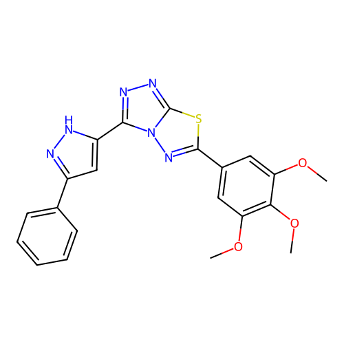 3-(3-phenyl-1H-pyrazol-5-yl)-6-(3,4,5-trimethoxyphenyl)-[1,2,4]triazolo[3,4-b][1,3,4]thiadiazole structure