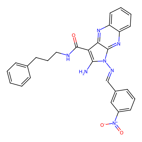 (E)-2-amino-1-((3-nitrobenzylidene)amino)-N-(3-phenylpropyl)-1H-pyrrolo[2,3-b]quinoxaline-3-carboxamide structure