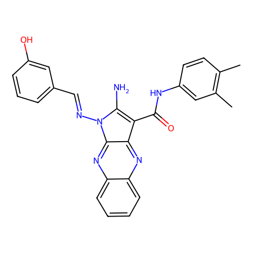 (E)-2-amino-N-(3,4-dimethylphenyl)-1-((3-hydroxybenzylidene)amino)-1H-pyrrolo[2,3-b]quinoxaline-3-carboxamide structure