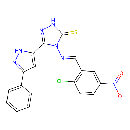 (E)-4-((2-chloro-5-nitrobenzylidene)amino)-5-(3-phenyl-1H-pyrazol-5-yl)-4H-1,2,4-triazole-3-thiol structure