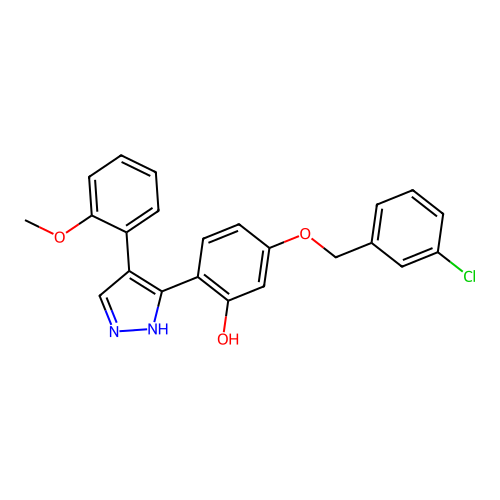 5-((3-chlorobenzyl)oxy)-2-(4-(2-methoxyphenyl)-1H-pyrazol-3-yl)phenol structure