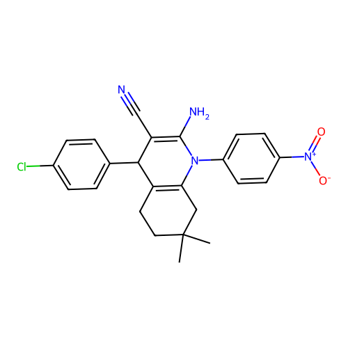 2-amino-4-(4-chlorophenyl)-7,7-dimethyl-1-(4-nitrophenyl)-1,4,5,6,7,8-hexahydroquinoline-3-carbonitrile structure