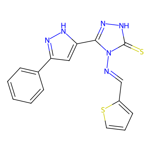 3-(3-phenyl-1H-pyrazol-5-yl)-4-[(E)-thiophen-2-ylmethylideneamino]-1H-1,2,4-triazole-5-thione structure