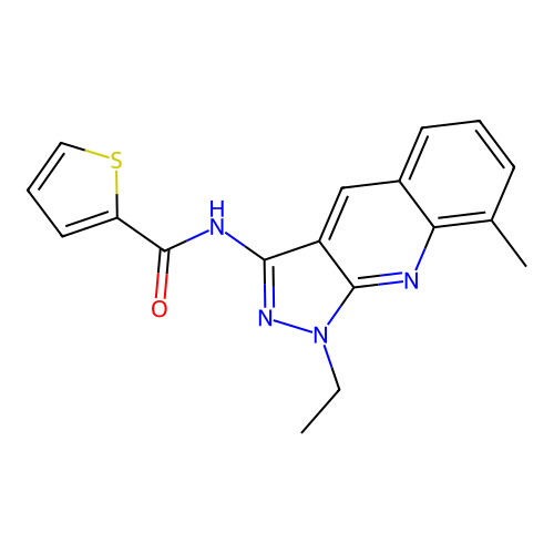 N-(1-ethyl-8-methylpyrazolo[3,4-b]quinolin-3-yl)thiophene-2-carboxamide structure
