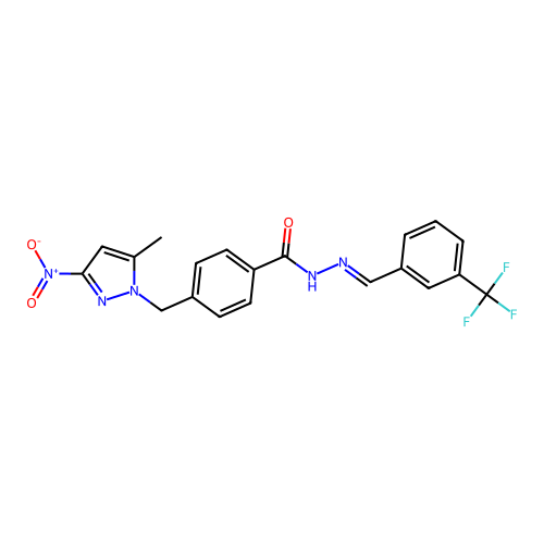 (E)-4-((5-methyl-3-nitro-1H-pyrazol-1-yl)methyl)-N'-(3-(trifluoromethyl)benzylidene)benzohydrazide structure