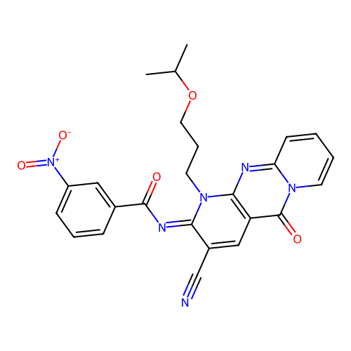 (E)-N-(3-cyano-1-(3-isopropoxypropyl)-5-oxo-1H-dipyrido[1,2-a:2',3'-d]pyrimidin-2(5H)-ylidene)-3-nitrobenzamide structure