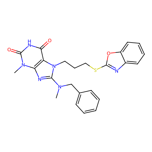 7-(3-(benzo[d]oxazol-2-ylthio)propyl)-8-(benzyl(methyl)amino)-3-methyl-1H-purine-2,6(3H,7H)-dione structure