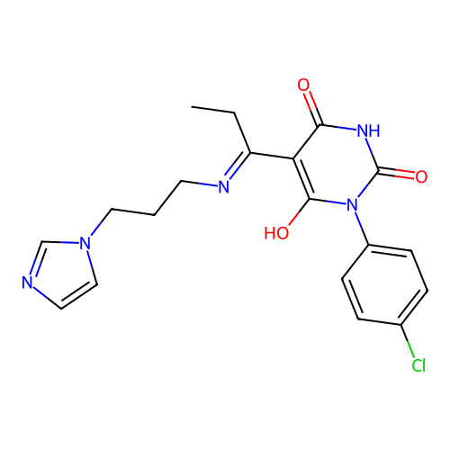 1-(4-chlorophenyl)-5-[1-(3-imidazol-1-ylpropylamino)propylidene]-1,3-diazinane-2,4,6-trione structure
