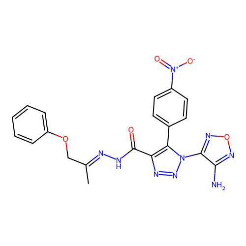 (E)-1-(4-amino-1,2,5-oxadiazol-3-yl)-5-(4-nitrophenyl)-N'-(1-phenoxypropan-2-ylidene)-1H-1,2,3-triazole-4-carbohydrazide structure