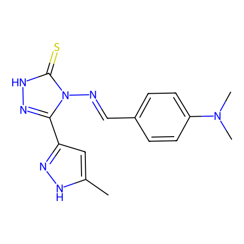(E)-4-((4-(dimethylamino)benzylidene)amino)-5-(3-methyl-1H-pyrazol-5-yl)-4H-1,2,4-triazole-3-thiol structure