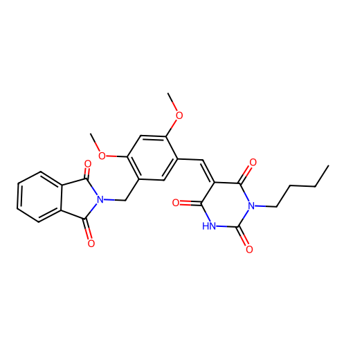 (5E)-1-butyl-5-[[5-[(1,3-dioxoisoindol-2-yl)methyl]-2,4-dimethoxyphenyl]methylidene]-1,3-diazinane-2,4,6-trione structure