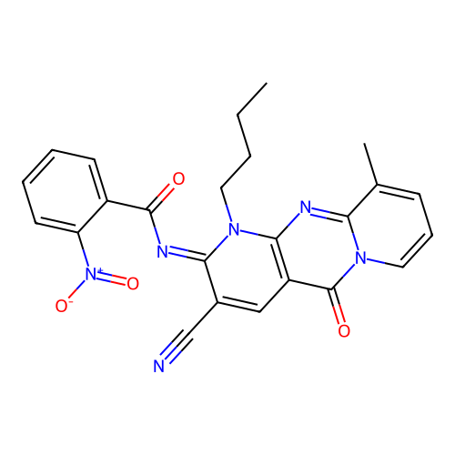 (E)-N-(1-butyl-3-cyano-10-methyl-5-oxo-1H-dipyrido[1,2-a:2',3'-d]pyrimidin-2(5H)-ylidene)-2-nitrobenzamide structure