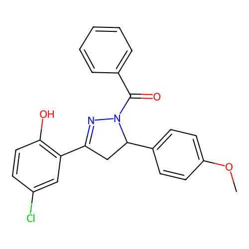 6-[1-benzoyl-5-(4-methoxyphenyl)pyrazolidin-3-ylidene]-4-chlorocyclohexa-2,4-dien-1-one structure